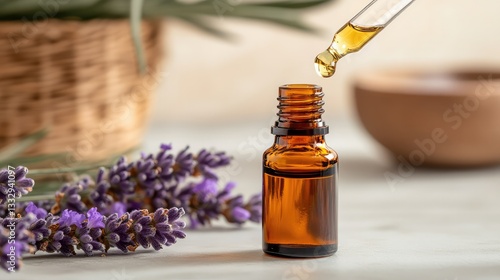 Dropper Dripping Lavender Essential Oil into an Amber Bottle, Surrounded by Fresh Purple Flowers – Serene and Spa-Inspired Display