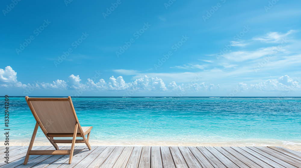tranquil beach scene featuring sunbed on wooden deck overlooking clear blue ocean. serene atmosphere invites relaxation and enjoyment of nature beauty tranquil beach scene featuring sunbed on wooden deck overlooking clear blue ocean. serene atmosphere invites relaxation and enjoyment of nature beauty