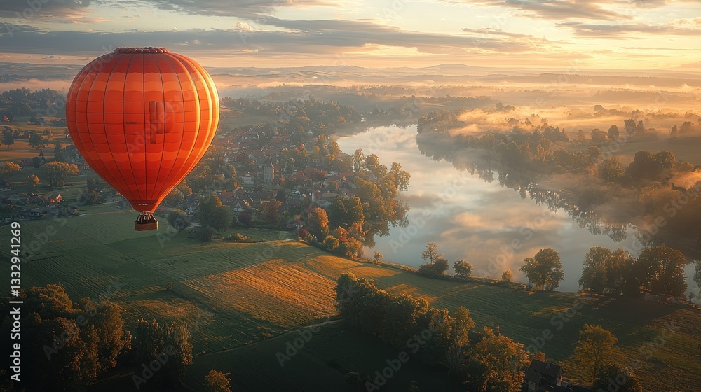 Obraz premium Serene Sunrise Hot Air Balloon Ride Over Misty River Valley