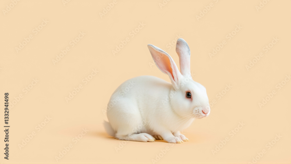 Obraz premium Cute white bunny on isolated peach background colors