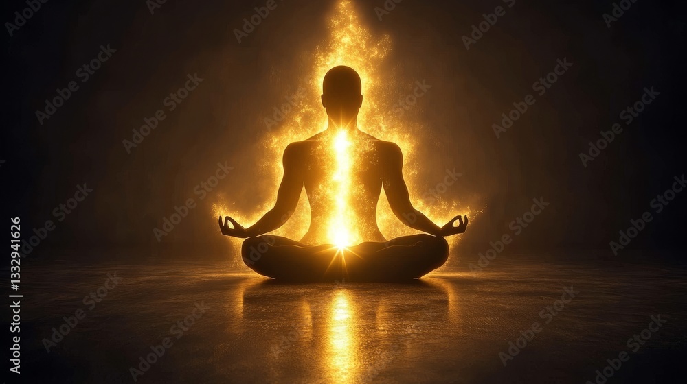 A meditating person's silhouette highlighted by a brilliant golden light, with particles drifting in the air A meditating person's silhouette highlighted by a brilliant golden light, with particles drifting in the air