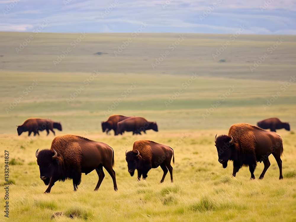 American Bison Herd Grazing in a Green Field, Wildlife, Nature, Prairie Landscape, Wild Animal, Summer, Outdoors, Wildlife Photography. American Bison Herd Grazing in a Green Field, Wildlife, Nature, Prairie Landscape, Wild Animal, Summer, Outdoors, Wildlife Photography.