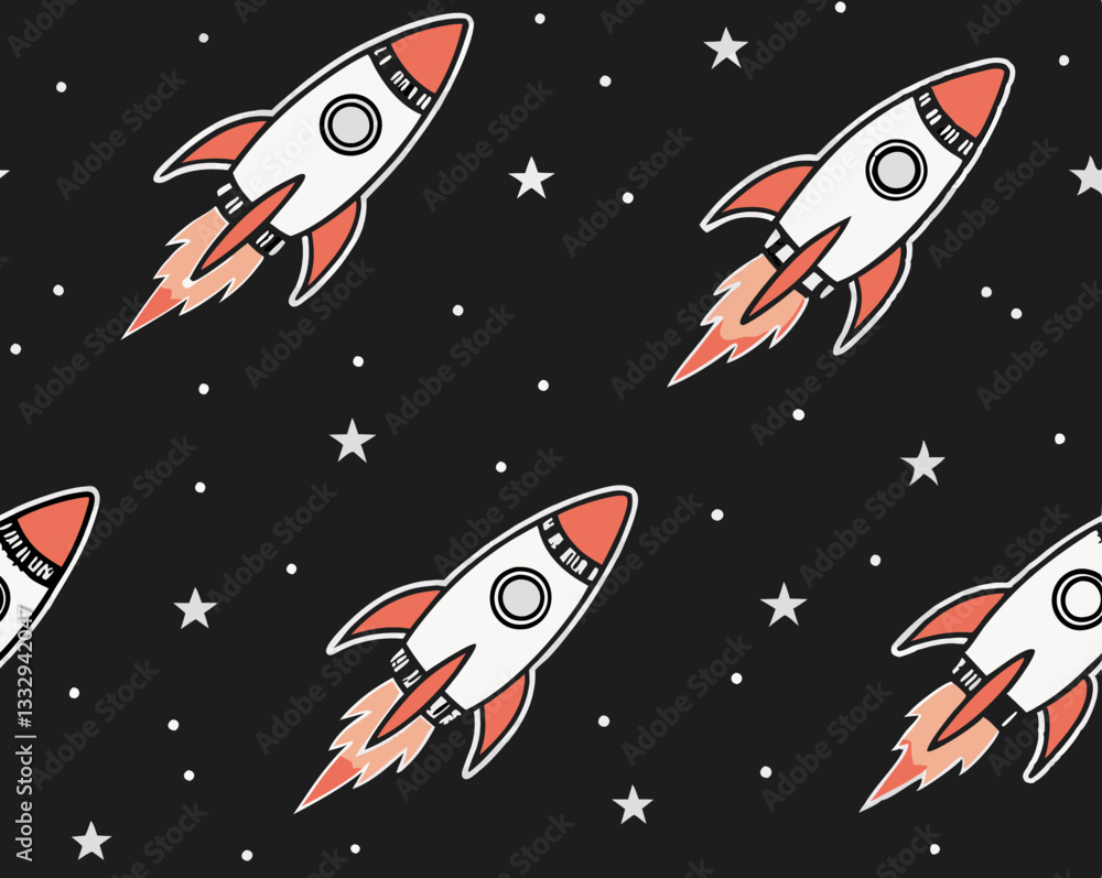 seamless pattern of rockets in space