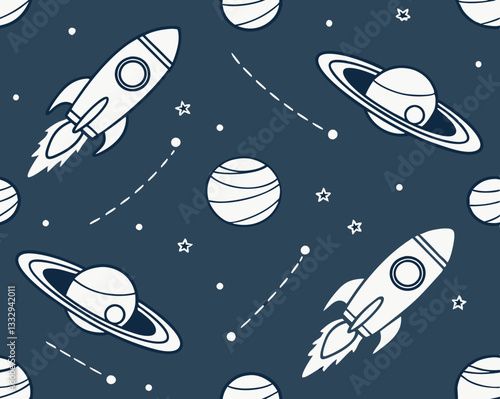 seamless pattern of rockets in space