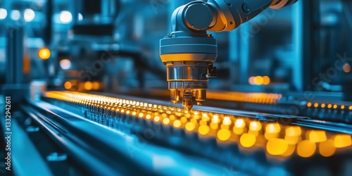 A robotic arm is engaged in precision assembly tasks on a well-lit production line, demonstrating advanced automation technology in action