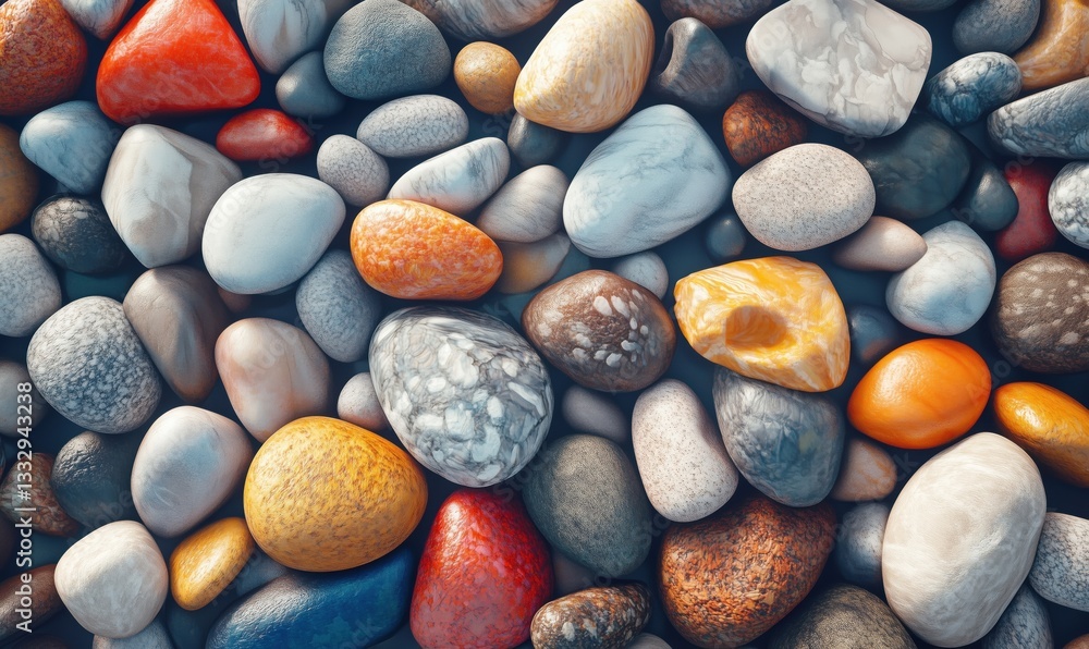 Colorful collection of smooth pebbles and stones with various textures and patterns Colorful collection of smooth pebbles and stones with various textures and patterns