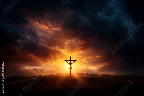 Wallpaper Mural Jesus on cross silhouetted against dramatic sunset with dark clouds and crowd in background, evoking sense of solemnity and reflection Torontodigital.ca