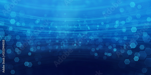 Hexagonal bokeh on dark blue gradient curve background. Abstract pattern backdrop. Futuristic science or technology concept. Underwater scene swirling.
