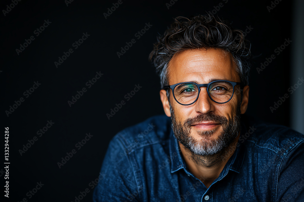 Obraz premium smiling man with glasses and curly hair poses against dark background, exuding confidence and warmth. His casual attire adds to approachable vibe