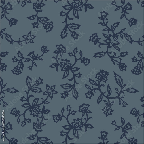 Seamless Paisley Ethnic Floral Print Repeat Pattern Tile in Indigo Navy Blue