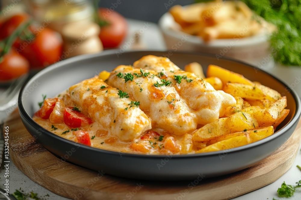 Creamy Cod Fish Fillets with Roasted Potatoes and Tomatoes in Black Bowl - Gourmet Seafood Dinner Creamy Cod Fish Fillets with Roasted Potatoes and Tomatoes in Black Bowl - Gourmet Seafood Dinner