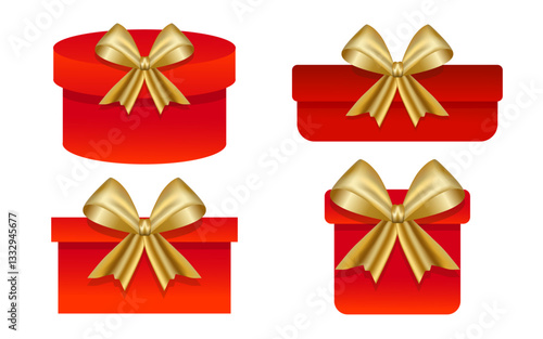 Set realistic red gift boxes with gold bows