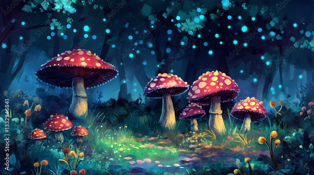 Fototapeta premium Magical mushrooms fantasy fungi backdrop. Enchanted Mushrooms. Illustration