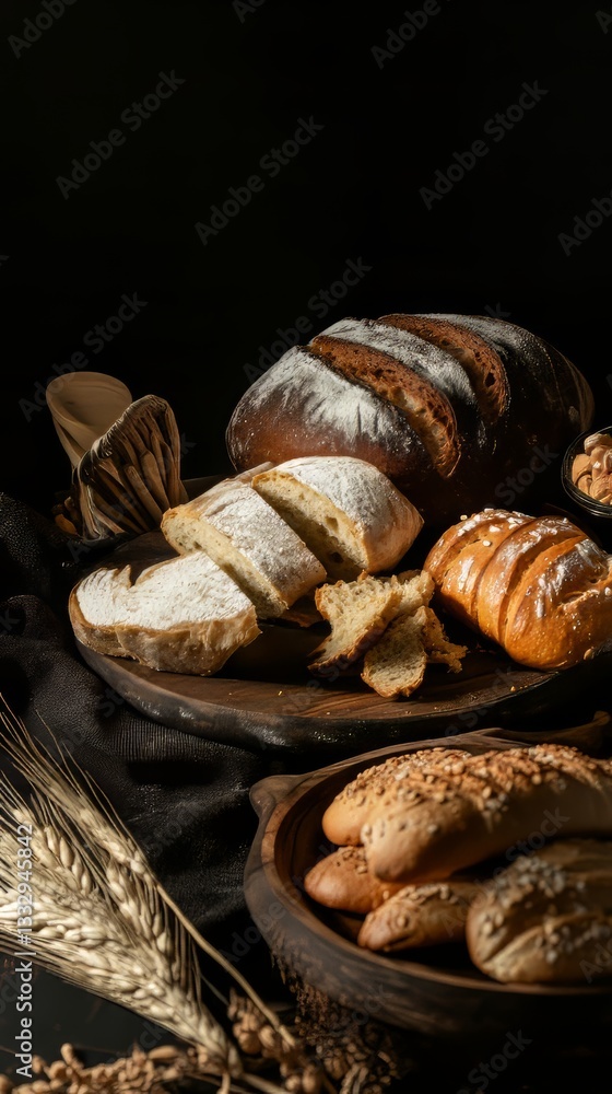 Artisan bread assortment on dark setting Artisan bread assortment on dark setting