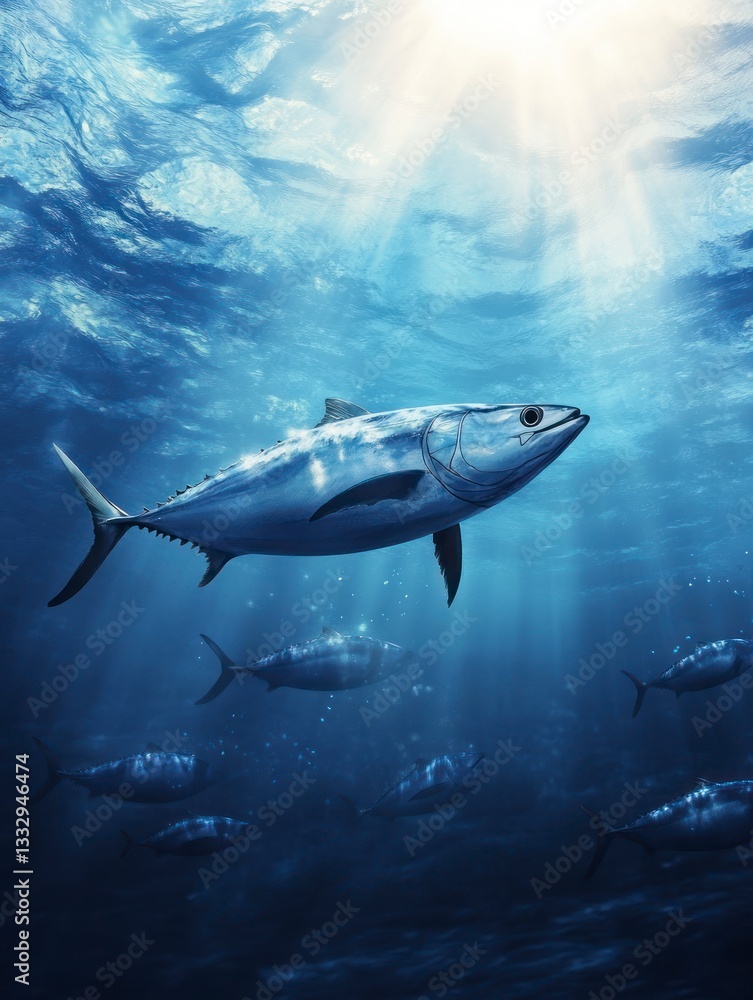 Fototapeta premium Tuna School Swimming Underwater with Sun Rays in a Blue Ocean