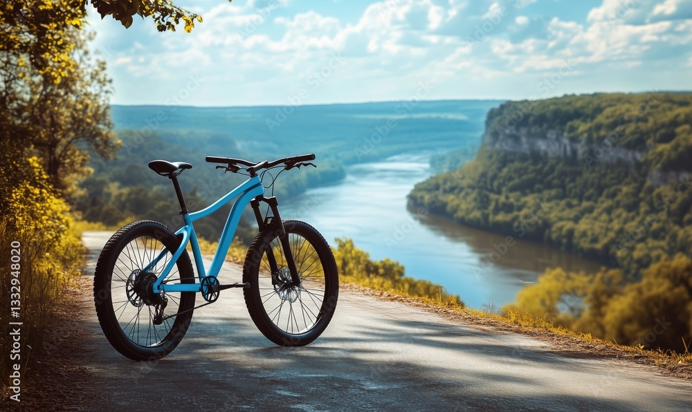 Fototapeta premium Mountain bike parked on scenic overlook with river and lush landscape in background