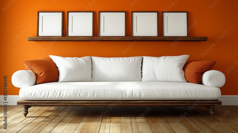 Obraz premium A contemporary living room showcases a white couch with beige cushions, a dual-toned brown wall adorned with framed panels, and distinctive wooden shelves