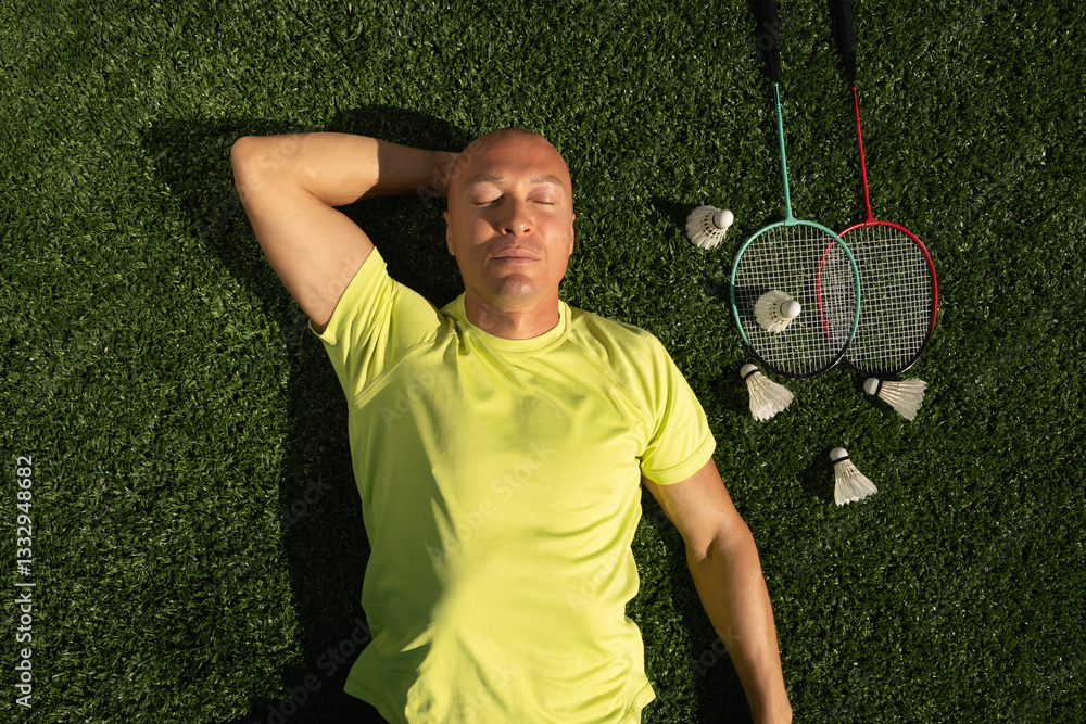 Badminton athlete or player resting after game, lying and enjoy on sport court in public park with artificial turf as green grass. Outdoors. Summer sports game. View from above