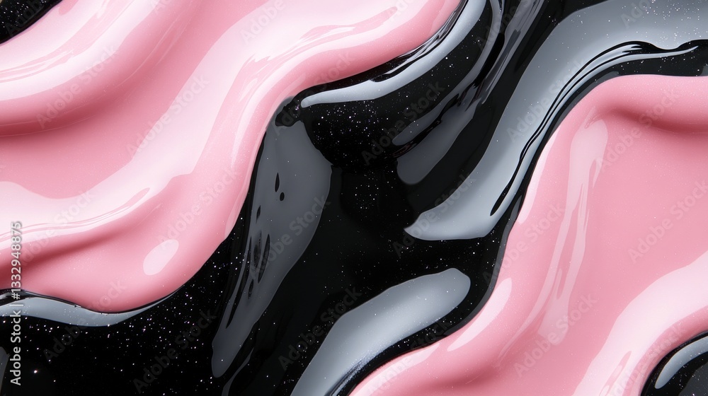 A close-up abstract photograph showcases the swirling movement of shiny black and pink paint mixed with glitter, evoking a cosmic or fluid art design A close-up abstract photograph showcases the swirling movement of shiny black and pink paint mixed with glitter, evoking a cosmic or fluid art design