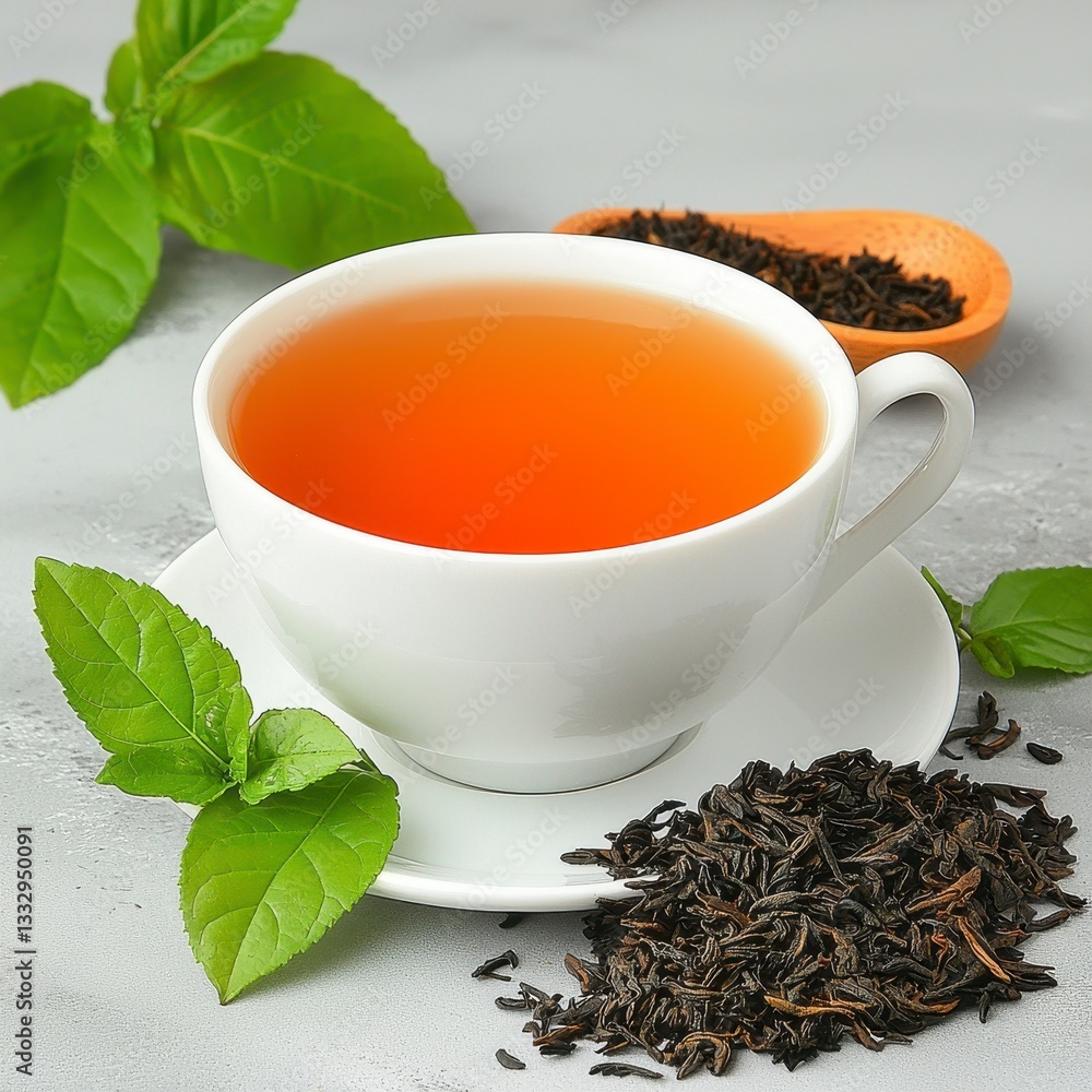Amber Tea in White Cup with Green Leaves Amber Tea in White Cup with Green Leaves