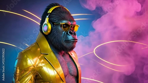 Futuristic and stylish gorilla, dressed in a bright yellow jacket and headphones dancing and enjoying the music.