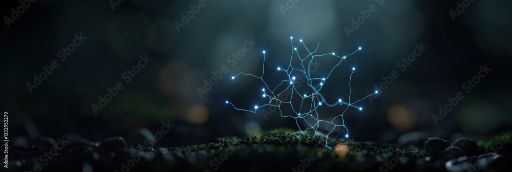 A glowing network structure illuminated against a dark backdrop represents the complexities of connections and interactions in the digital age.