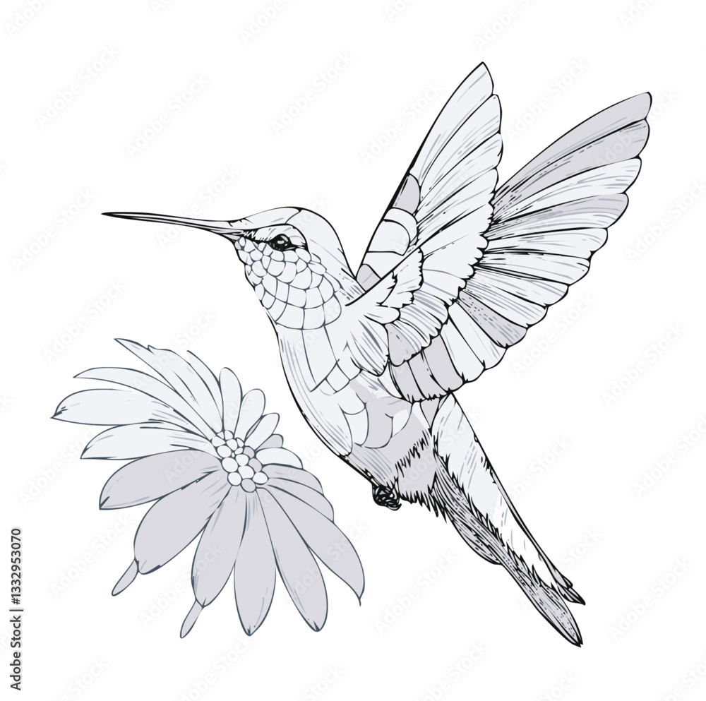Obraz premium A hummingbird hovering over a flower, in fine line style. Delicate, thin lines create the bird's outlines, subtle hatching on the wings and tail adds texture.
