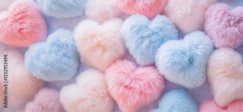 Colorful fluffy heart-shaped pillows in pastel shades for decoration and gifts