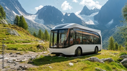 An electric bus traveling through a scenic mountainous region demonstrates sustainable transport solutions in remote areas