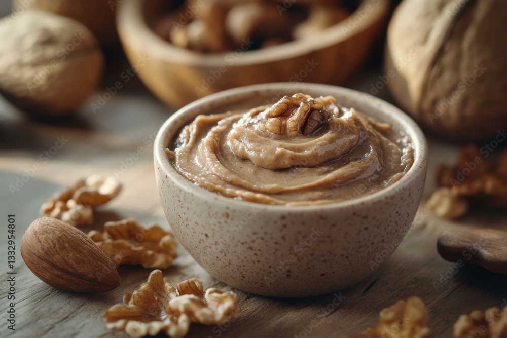 Walnut butter in bowl with walnuts and walnut pieces - creamy, vegan spread with natural ingredients for healthy eating Walnut butter in bowl with walnuts and walnut pieces - creamy, vegan spread with natural ingredients for healthy eating