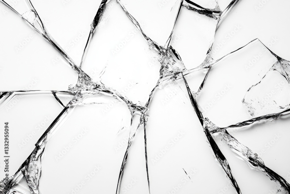 A close-up of a broken glass window on a white background A close-up of a broken glass window on a white background