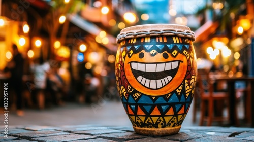 A wide-smiling, big-eyed face in graffiti style is painted on a cylindrical metal container, with an urban backdrop behind it