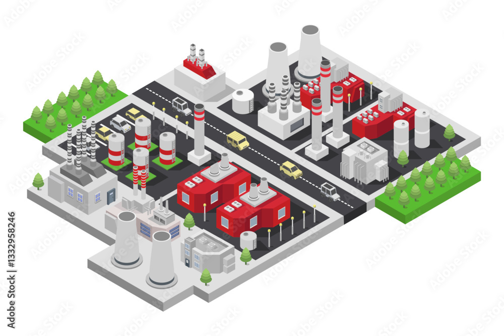 Industrial factory with chimney and machinery isometric Industrial factory with chimney and machinery isometric