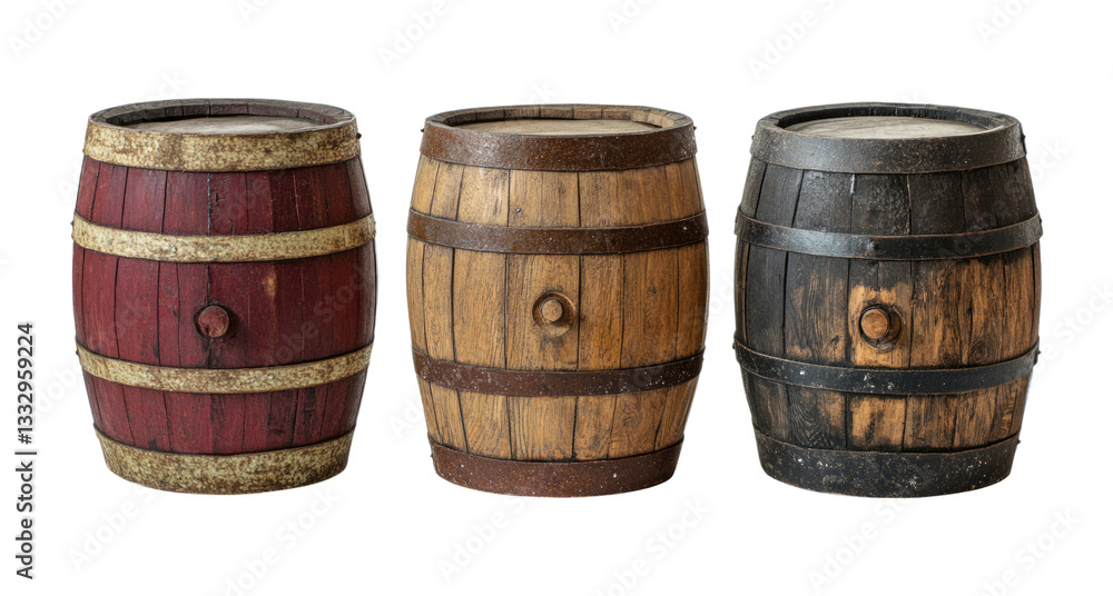 Obraz premium Set of old wooden barrel isolated on transparent background.