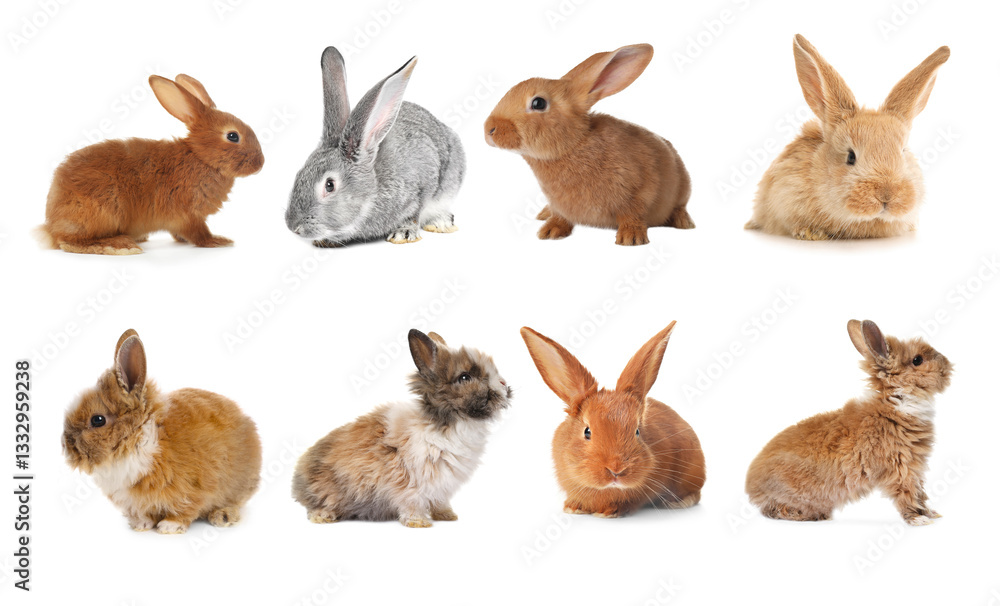 Cute fluffy rabbits isolated on white, set Cute fluffy rabbits isolated on white, set