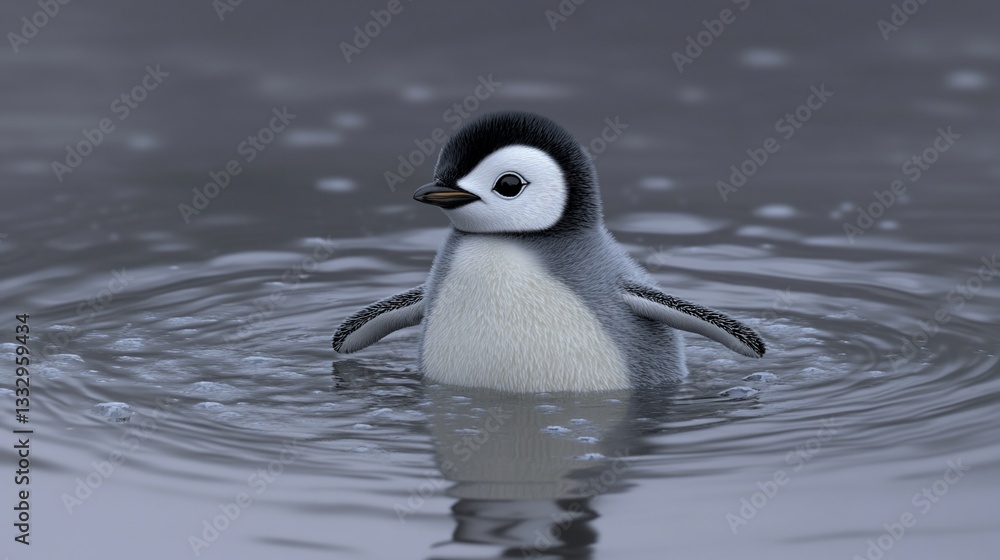 A tiny penguin chick paddles in calm water A tiny penguin chick paddles in calm water