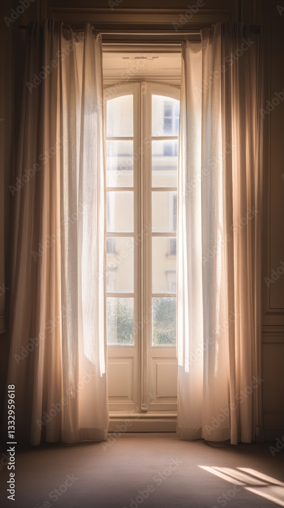 Fototapeta premium Sunlight streams through sheer curtains illuminating a classic French window.
