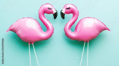 Two pink flamingo balloon animals facing each other on a light blue background.