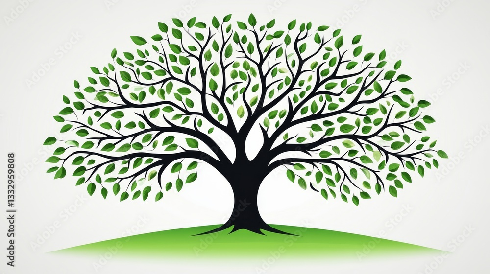 Obraz premium A tree depicted in a stylized manner, featuring green leaves growing from a curved, branch-like line on a light backdrop