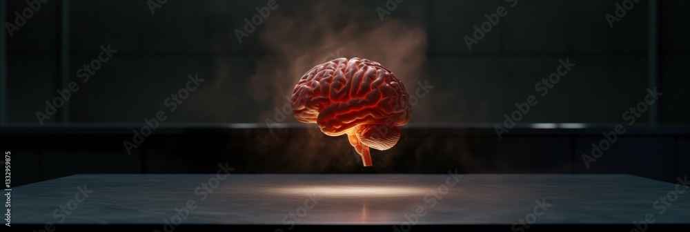 This striking image depicts a realistic brain floating above a table, symbolizing knowledge, consciousness, and the complexities of the human mind in a captivating artistic representation.