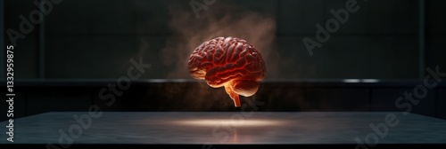 Obraz na płótnie This striking image depicts a realistic brain floating above a table, symbolizing knowledge, consciousness, and the complexities of the human mind in a captivating artistic representation. w salonie