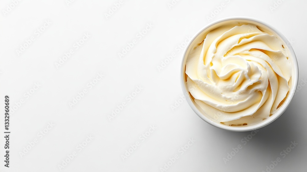 An overhead view of a jar filled with white cream set against a pristine white background An overhead view of a jar filled with white cream set against a pristine white background