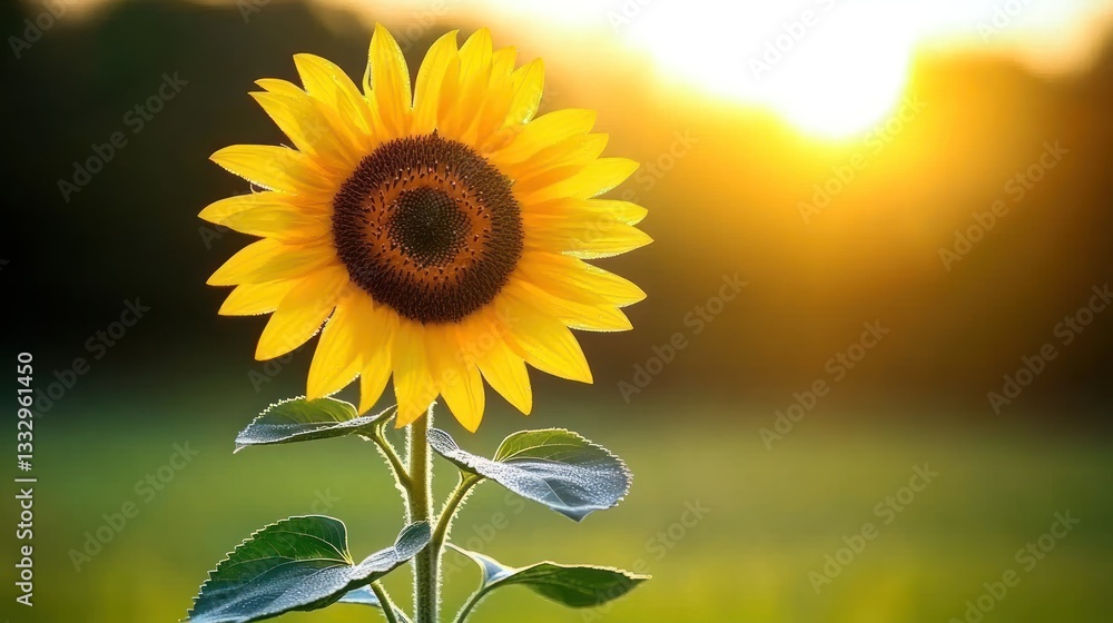 Fototapeta premium Single sunflower at sunset, vibrant yellow petals, green leaves, blurred background.