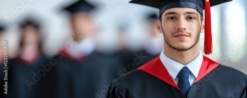 Young caucasian male in graduation cap and gown celebrating academic achievement photo