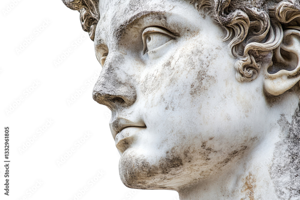 Marble statue face profile detail view against black background, cut out transparent Marble statue face profile detail view against black background, cut out transparent