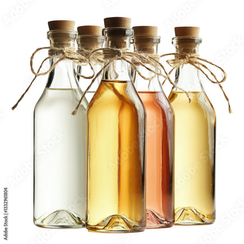 Four glass bottles with corks and twine bows. Clear, golden, amber, and pink liquids on a white background. Showcase natural variety and premium craft. Perfect for beverage labels, menus