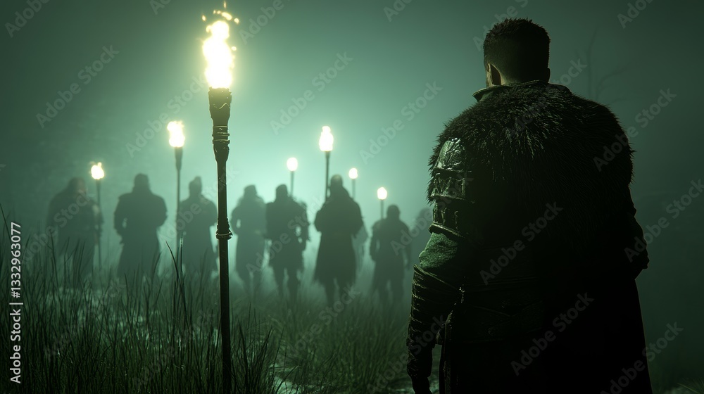 A large number of silhouetted people face a radiant, flaming horizon, suggesting a momentous event or congregation A large number of silhouetted people face a radiant, flaming horizon, suggesting a momentous event or congregation