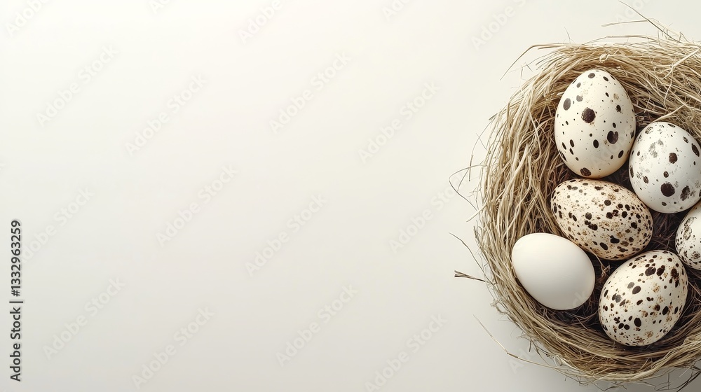 Obraz premium Pastel-colored Easter eggs are carefully placed in a delicate bird’s nest against a clean white background, featuring subtle polka dot and stripe patterns, creating a minimalist and elegant