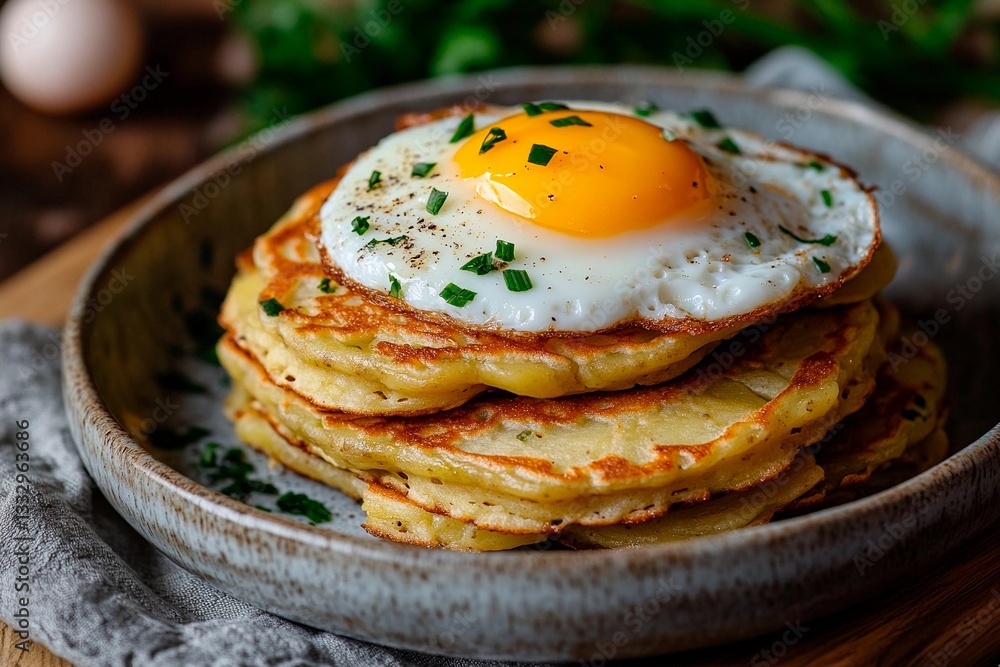 Stacked fluffy pancakes sit on a rustic plate, adorned with a sunny-side-up egg and sprinkled with fresh chives. The setting appears warm and inviting Stacked fluffy pancakes sit on a rustic plate, adorned with a sunny-side-up egg and sprinkled with fresh chives. The setting appears warm and inviting