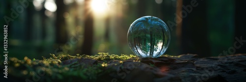Obraz na płótnie A glass orb reflects serene forest scenery, capturing the interplay of light and nature, symbolizing clarity, tranquility, and the connection between humanity and the environment. w salonie